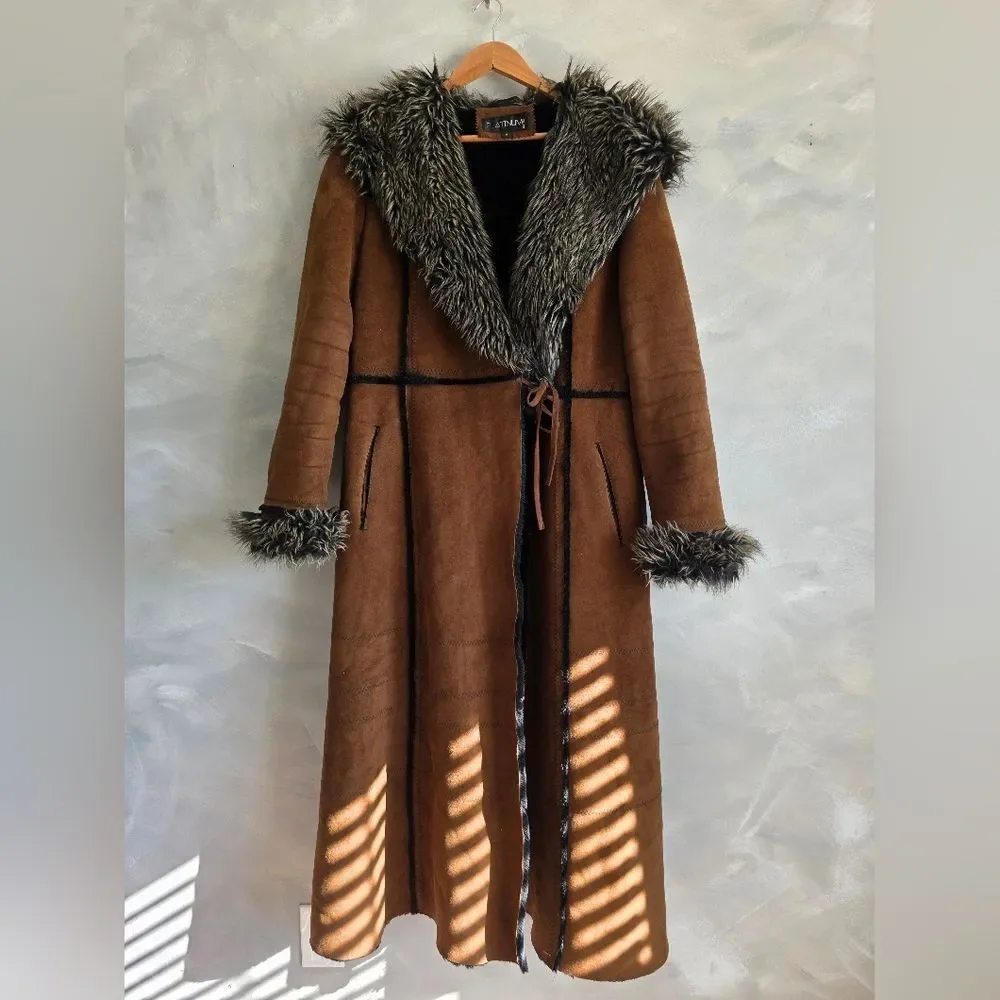 Vtg Brown Faux Suede Fur Hooded Full Length Long Afghan Penny Lane Coat Sz M - Picture 1 of 16